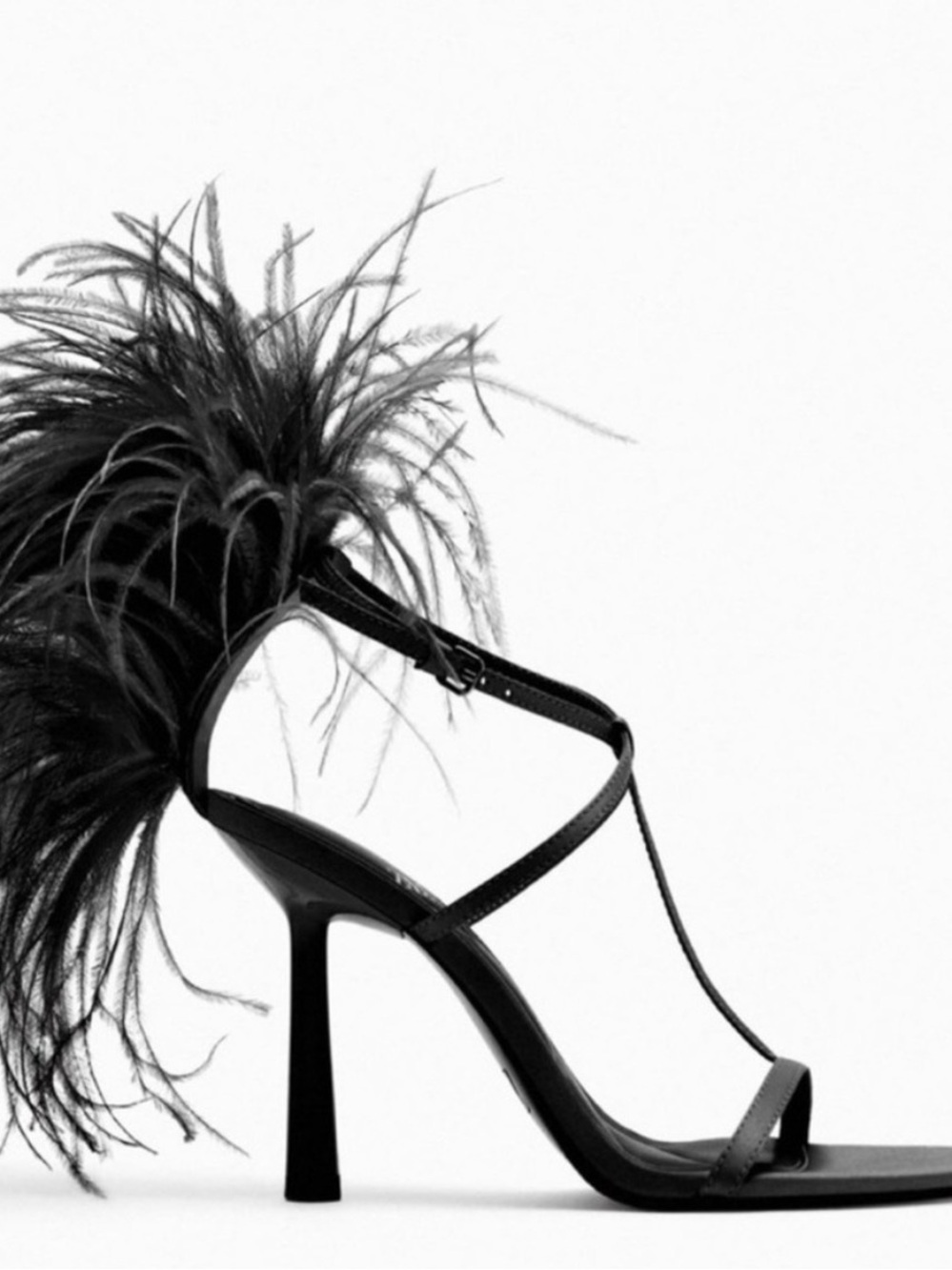 Zara Black Feather T-Strap High Heel Sandals 38 (7.5US) NWT